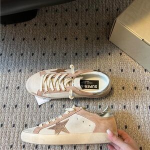 Golden Goose Beige and Blush Pink Low-Top Sneakers with Gold Star Accent